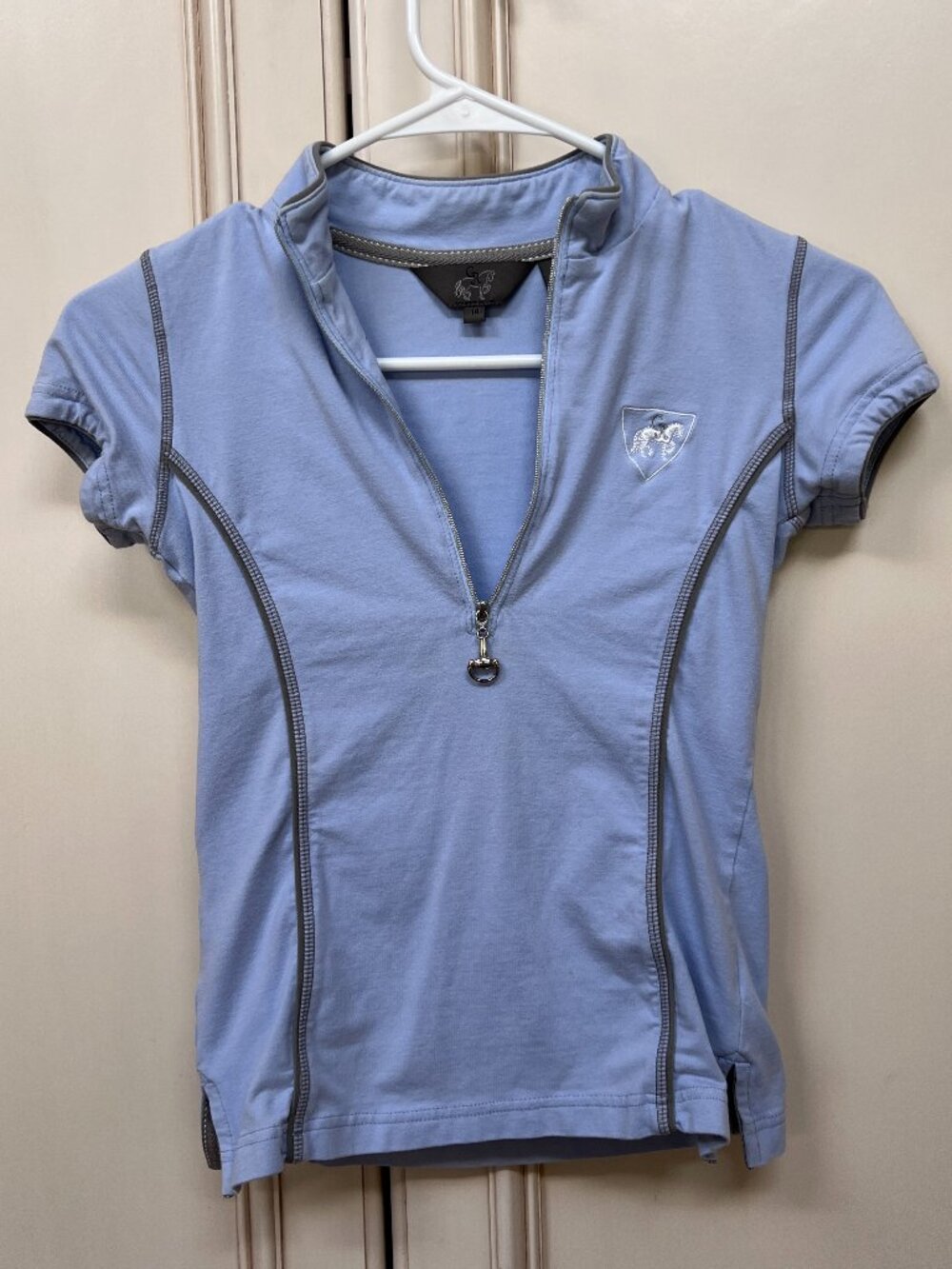Goode Rider Girls Size 14 Light Blue Fitted Riding Zip Front Short Sleeve Shirt